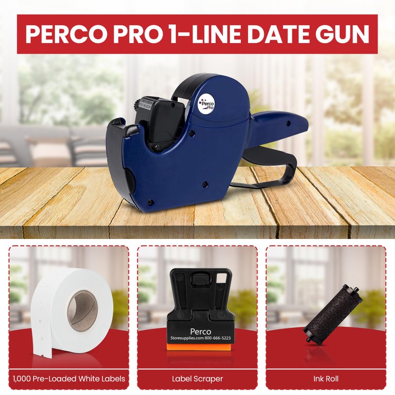 Perco Pro 1 Line Date Gun, 8 Digit 1 Line Date Label Gun Preloaded with Roll of 1000 White Labels, Preloaded Ink Roll - Image 2